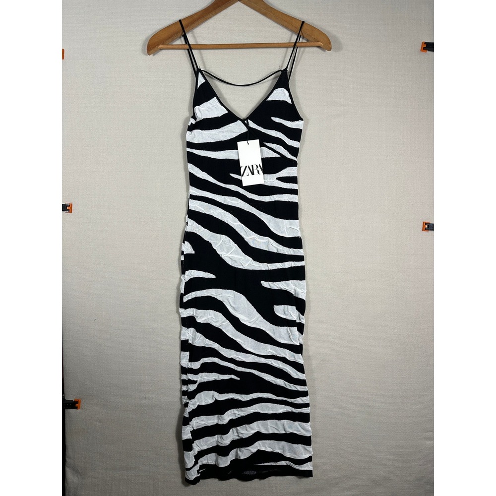 ZARA Midi Dress Womens Small Black White New Zebra Print Knit Spaghetti Strap